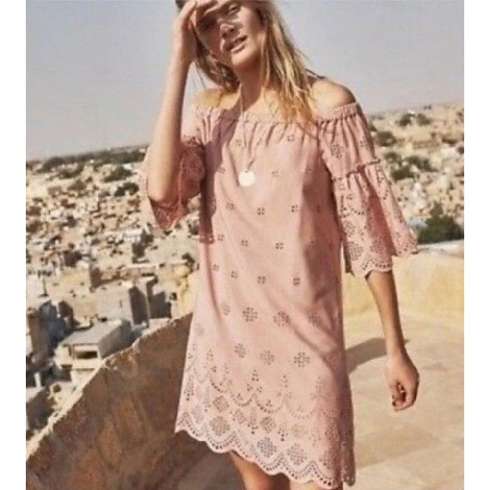 Madewell‎ Dusty Rose Eyelet Off Shoulder Dress Cottagecore Boho Festival Size 2